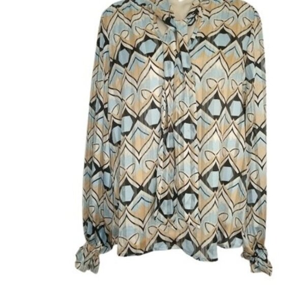 Haver + Blair London Womens Tie Neck Bow Blouse Pink Blue Metallic Geometric M - Picture 1 of 3